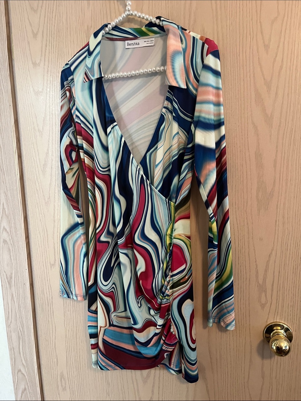 Bershka Multicolor Marble-Print Faux Wrap Dress